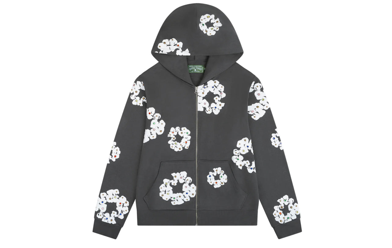 Denim Tears Rhinestone Cotton Wreath Zip Hoodie Vintage Black