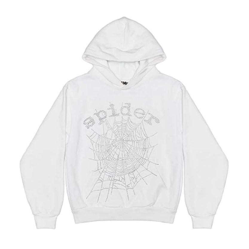 Sp5der OG Rhinestone Logo Hoodie White