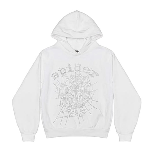 Sp5der OG Rhinestone Logo Hoodie White