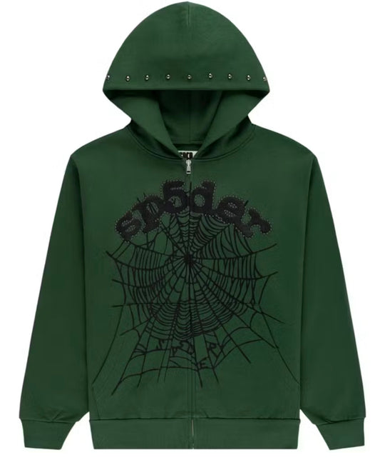 Sp5der OG Web Studded Zip Hoodie Green