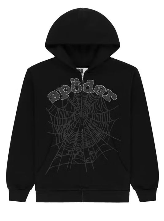 Sp5der OG Web V2 Rhinestone Zip Up Hoodie Black