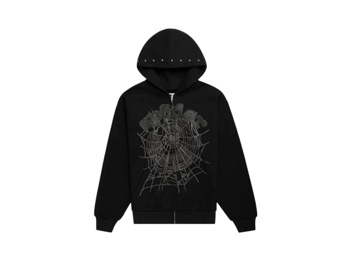 Sp5der OG Web Studded Zip Hoodie Black