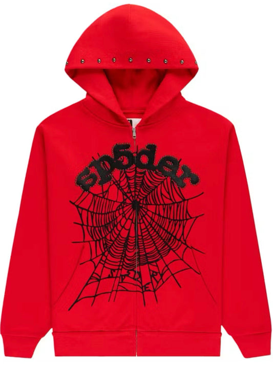 Sp5der OG Web Studded Zip Hoodie Red