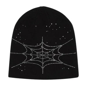 Sp5der Worldwide Rhinestone Web Skully Black Beanie