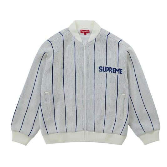 Supreme Pinstripe Varsity Zip Up Sweater White