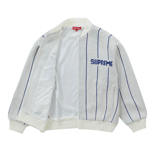 Supreme Pinstripe Varsity Zip Up Sweater White