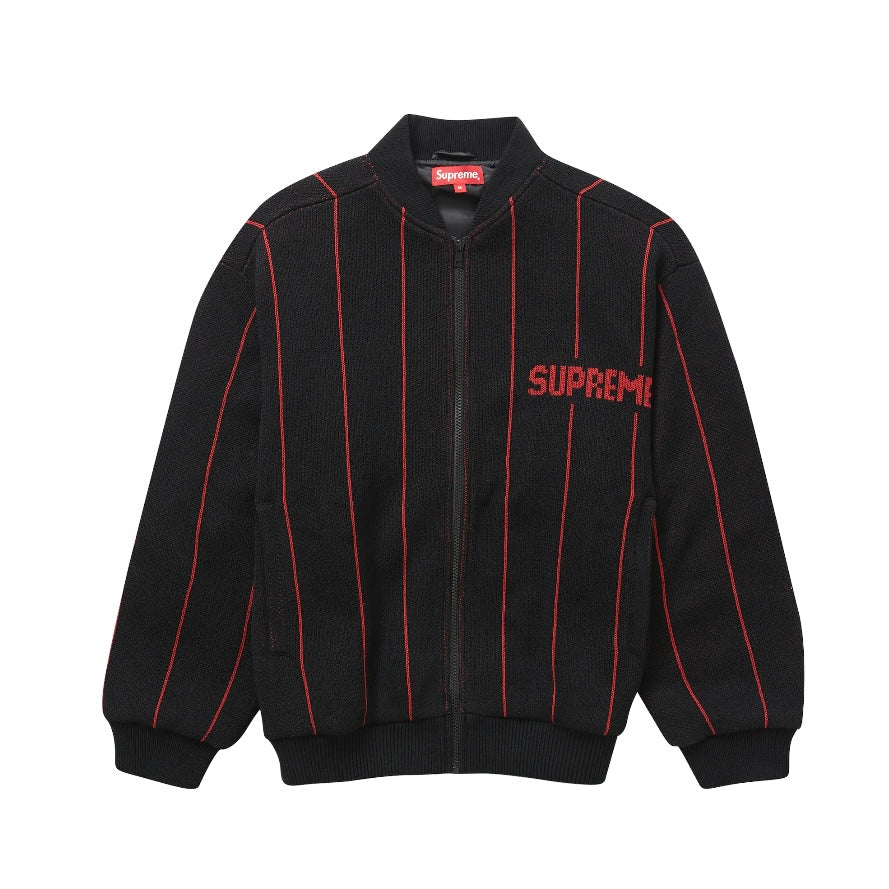 Supreme Pinstripe Varsity Zip Up Sweater Black