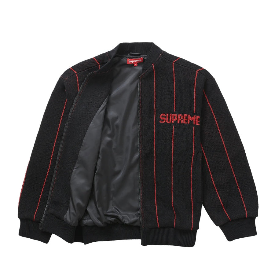 Supreme Pinstripe Varsity Zip Up Sweater Black